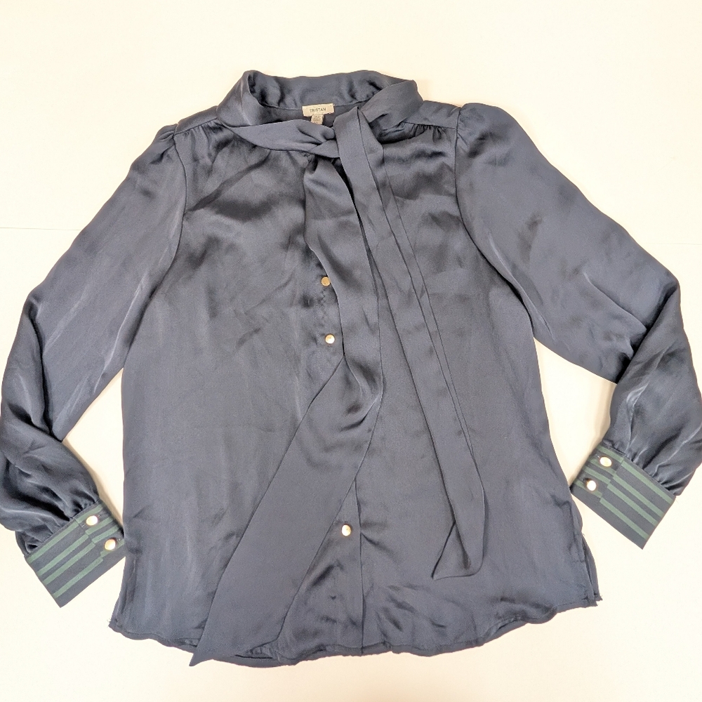 Tristan Scarf Tie Long Sleeve Blouse Navy Blue And Green Button Down Large [299]